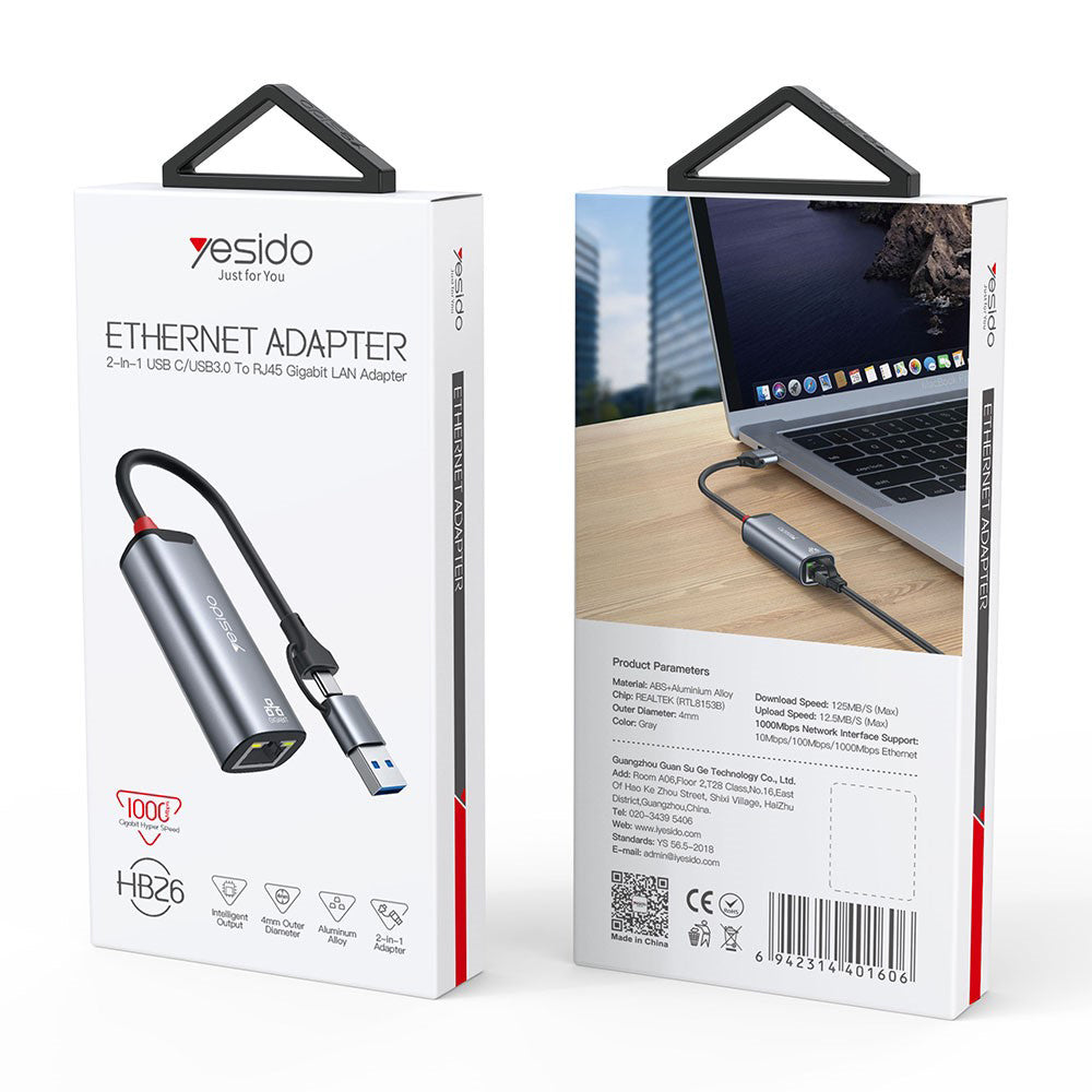 Κάρτα Δικτύου Yesido HB26, RJ45, USB / USB-C, Γκρι