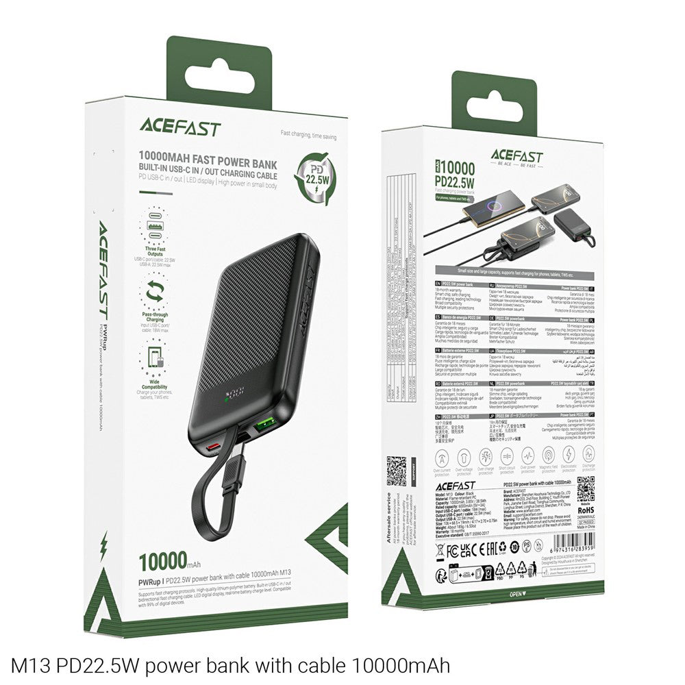 Εξωτερική Μπαταρία Acefast M13, 10000mAh, 22.5W, QC + PD, 1 x USB-A - 2 x USB-C, Μαύρη