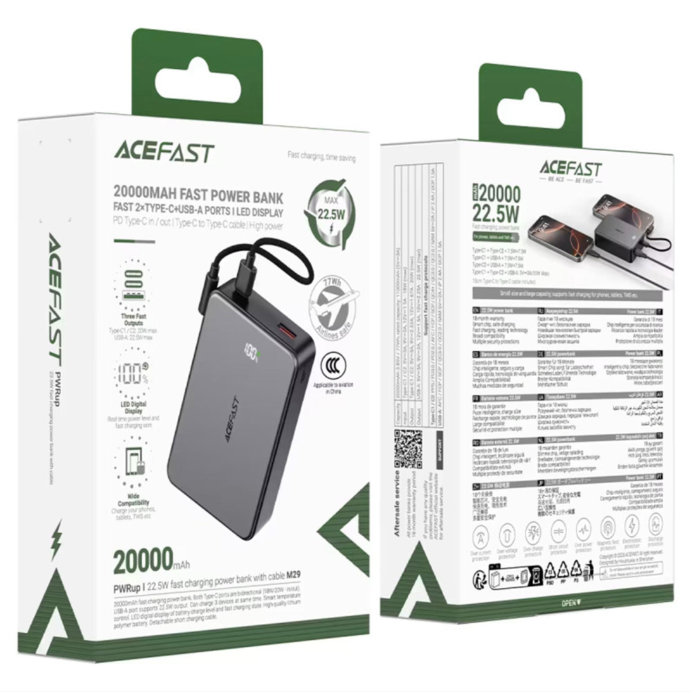 Εξωτερική Μπαταρία Acefast M29, 20000mAh, 22.5W, QC + PD, 1 x USB-A - 2 x USB-C, Μαύρο