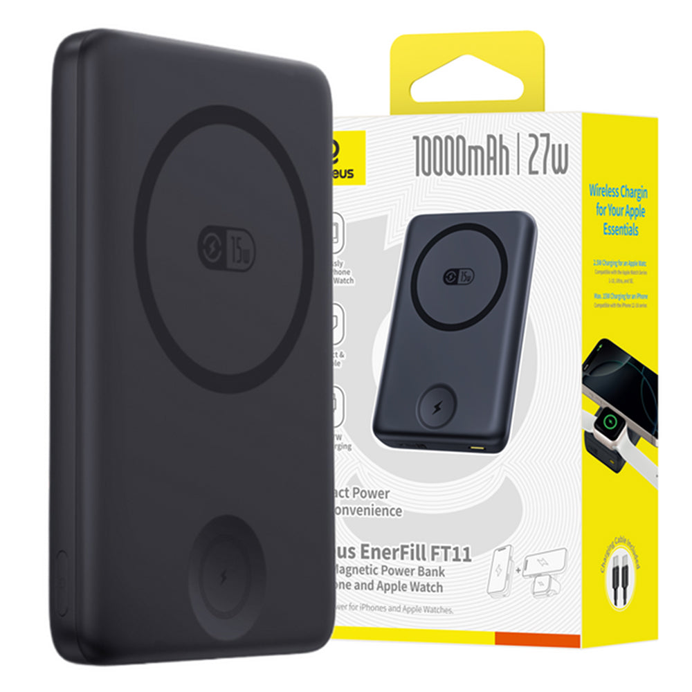 Baseus EnerFill FT11 External Battery Bank, 10000mAh, 27W, PD + QI + FQI, 2 x QI - 1 x USB-C, Black P1008210G123-00