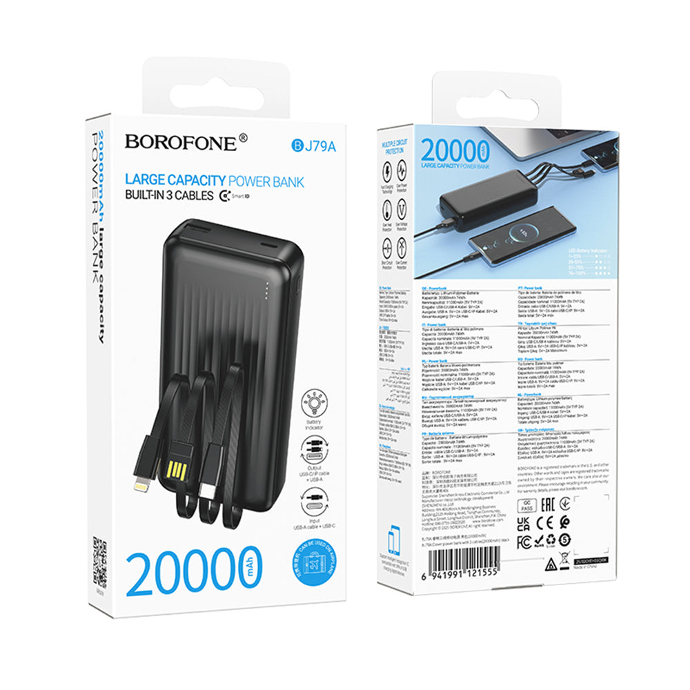 Borofone BJ79 Clever External Battery, 20000mAh, 10W, 1 x Lightning - 1 x USB-A - 1 x USB-C, Black