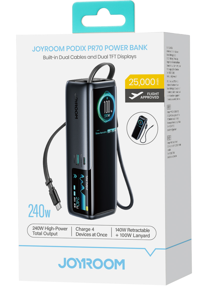 Εξωτερική μπαταρία Joyroom PODIX PR70, 25000mAh, 240W, QC + PD, 1 x USB-A - 3 x USB-C, Μαύρη