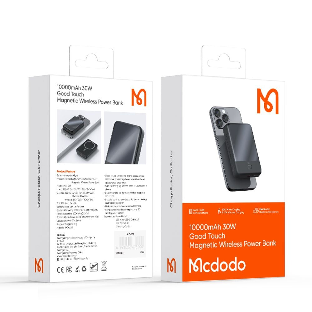 McDodo MC-5931 Ambilight Wireless External Battery, 10000mAh, 30W, PD + FQI, 1 x QI - 1 x USB-C, Black