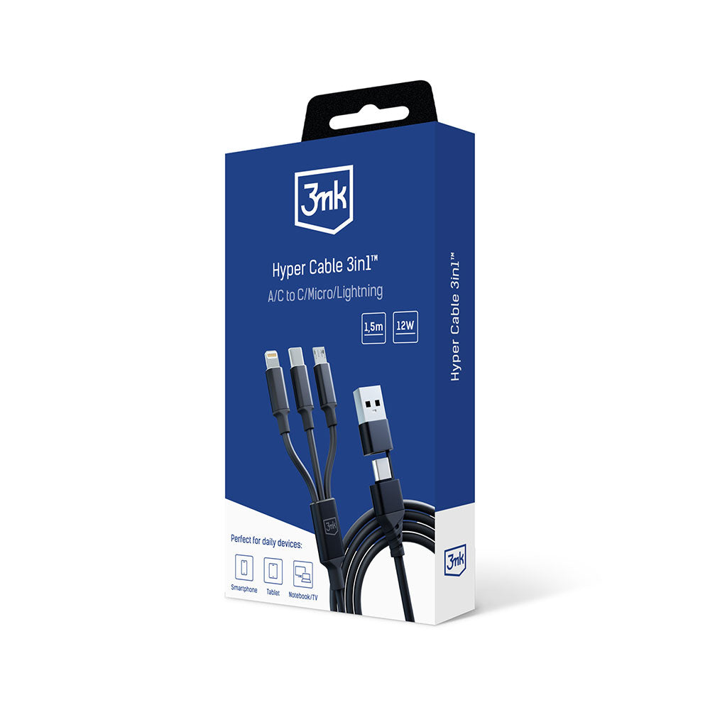 Καλώδιο Φόρτισης USB-A / USB-C - Lightning / microUSB / USB-C 3MK Hyper 3in1, 12W, 1.5m, Μαύρο