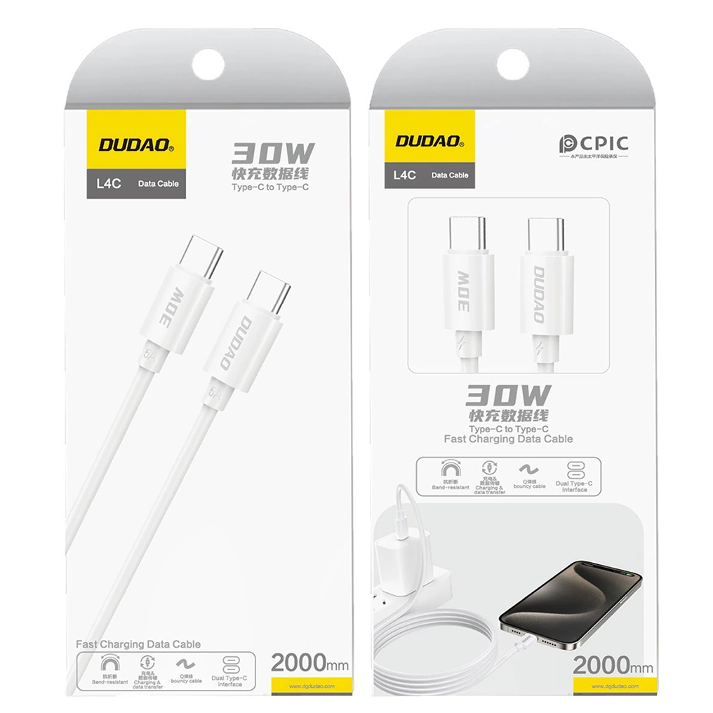 Καλώδιο Δεδομένων και Φόρτισης USB-C - USB-C Dudao L4C, 30W, 2μ, Λευκό