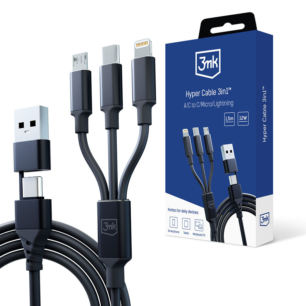 Καλώδιο Φόρτισης USB-A / USB-C - Lightning / microUSB / USB-C 3MK Hyper 3in1, 12W, 1.5m, Μαύρο