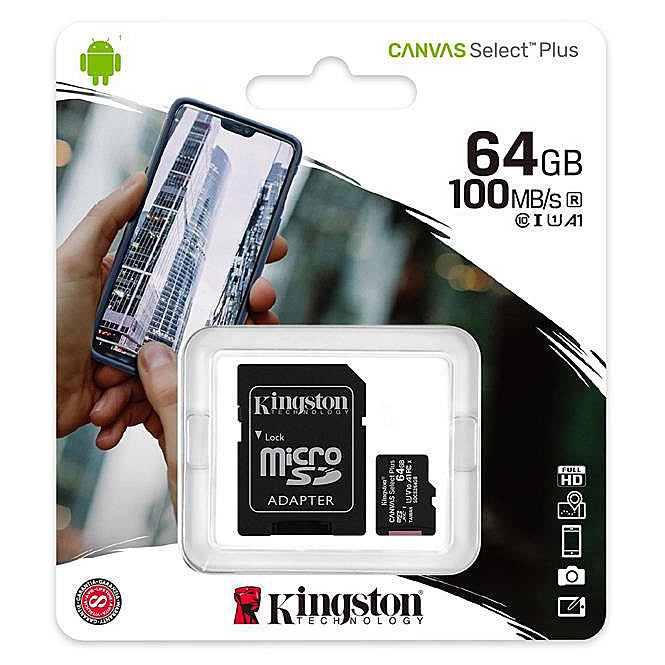 Κάρτα Μνήμης microSDXC Kingston Canvas Select Plus Android A1, 64Gb, Κλάση 10 / UHS-1 U1, Με Προσαρμογέα SDCS2/64GB