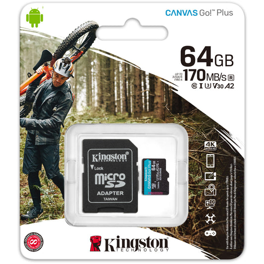 Κάρτα Μνήμης microSDXC Kingston Canvas Go Plus Android A2, 64Gb, Κατηγορία 10 / UHS-1 U3, Με Αντάπτορα SDCG3/64GB