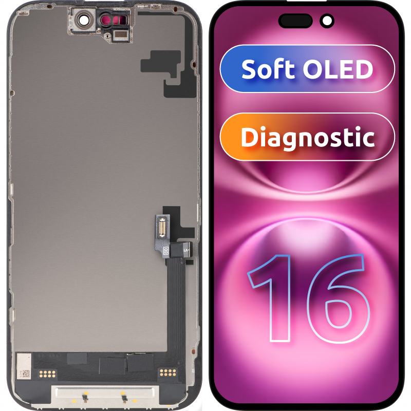 MP Touchscreen Display compatible with Apple iPhone 16, with Frame, Soft OLED FHD Diagnostic Version, Black