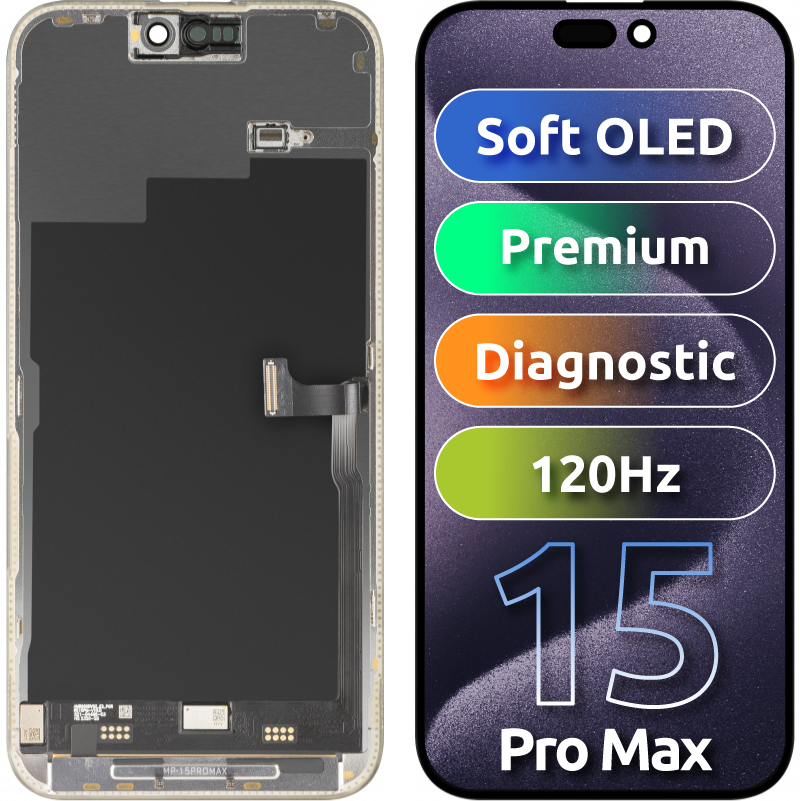 Οθόνη με Touchscreen MP συμβατή με Apple iPhone 15 Pro Max, με Πλαίσιο, Premium Έκδοση Soft OLED FHD 120Hz Διαγνωστική, Μαύρο