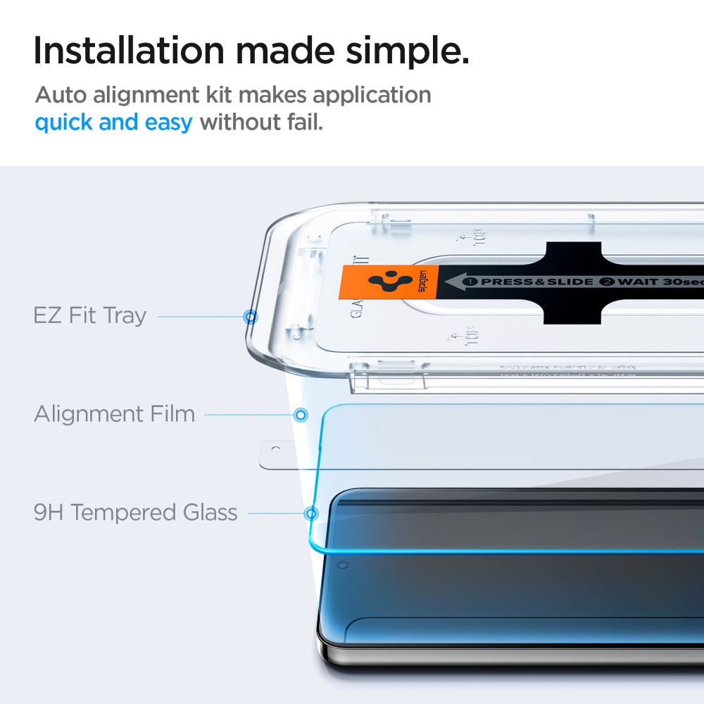 Προστατευτική μεμβράνη οθόνης Spigen GlastR EZ FIT για Samsung Galaxy S25 S931 / S24 S921, Ασφαλισμένο γυαλί, Πλήρης κόλλα, Σετ 2 τεμαχίων AGL07440