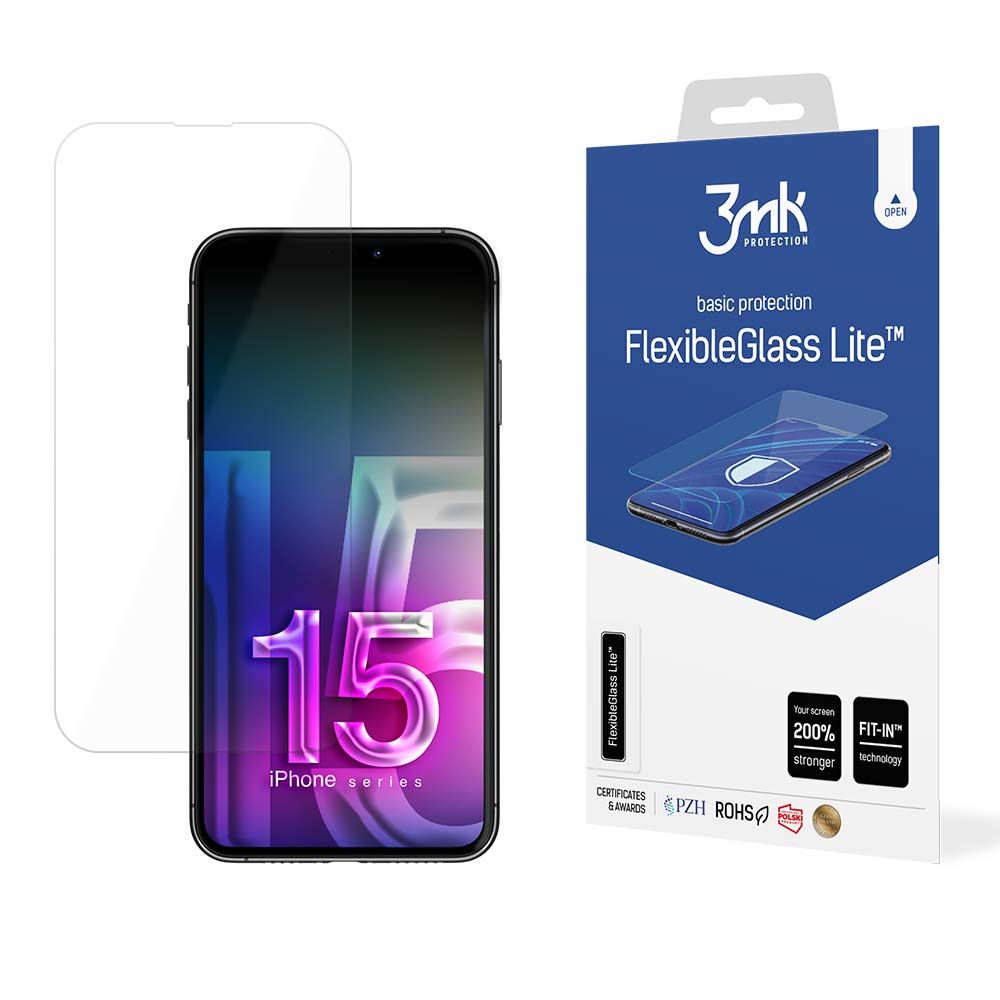 3MK FlexibleGlass Lite Screen Protector for Apple iPhone 15, Flexible Glass, Full Glue