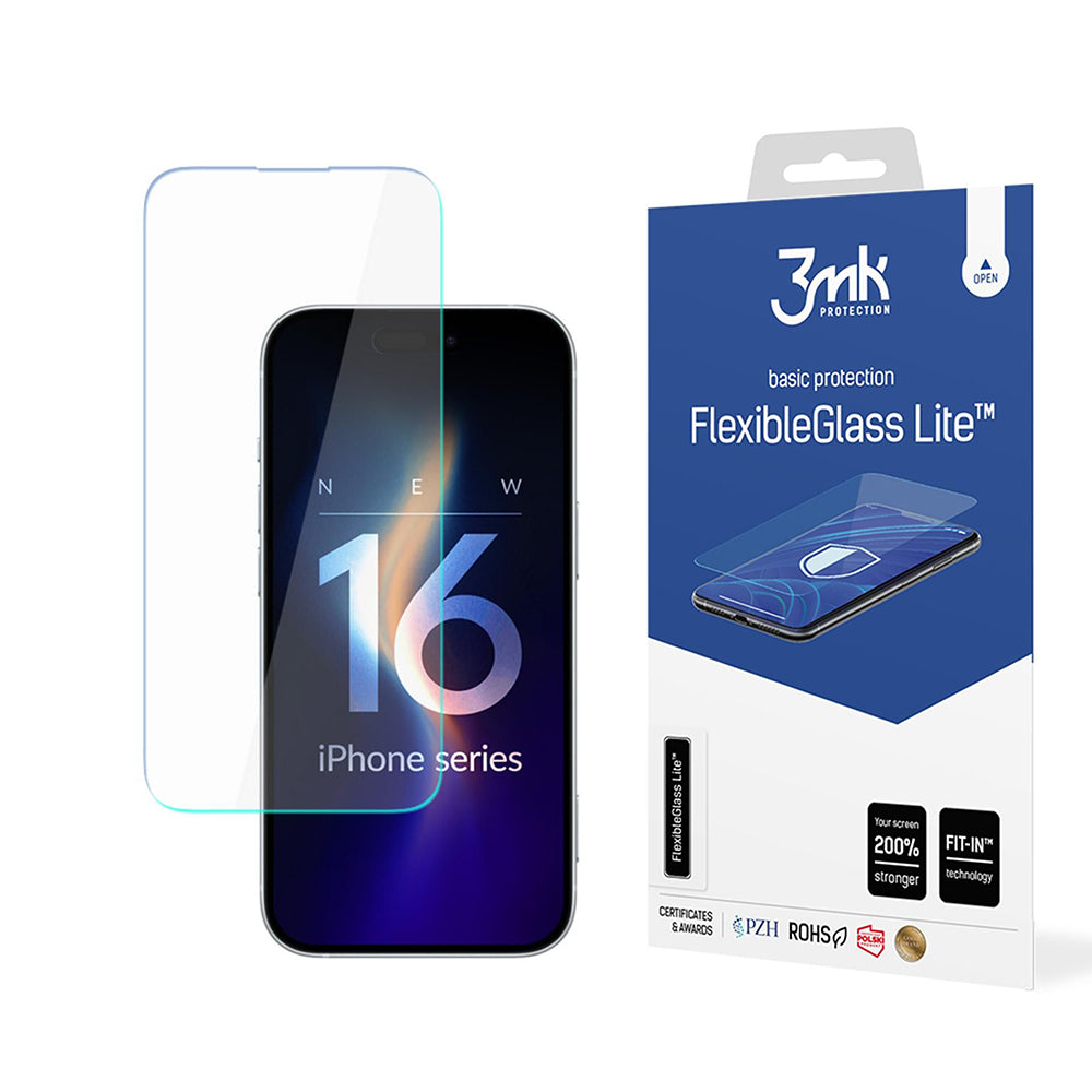 Προστατευτική μεμβράνη οθόνης 3MK FlexibleGlass Lite για Apple iPhone 16, Ευέλικτο γυαλί, Πλήρης κόλλα