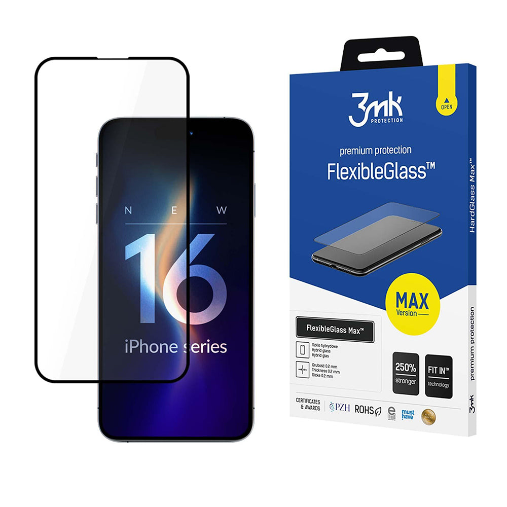 3MK FlexibleGlass Max Screen Protector for Apple iPhone 16 Pro, Flexible Glass, Full Glue, Black