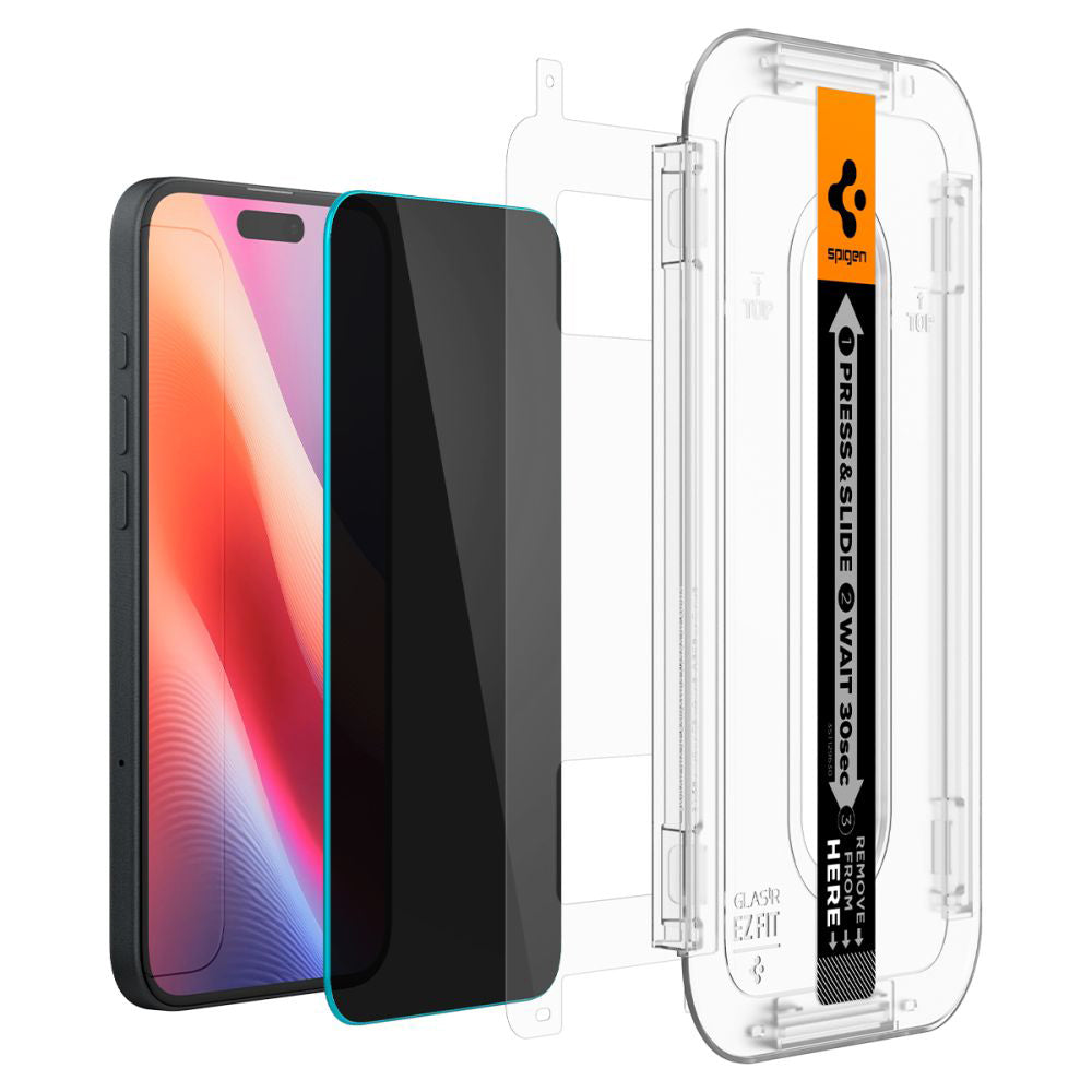 Spigen GlastR EZ FIT Privacy Screen Protector for Apple iPhone 16 / 15, Tempered Glass, Full Glue, Set of 2 pieces AGL06905