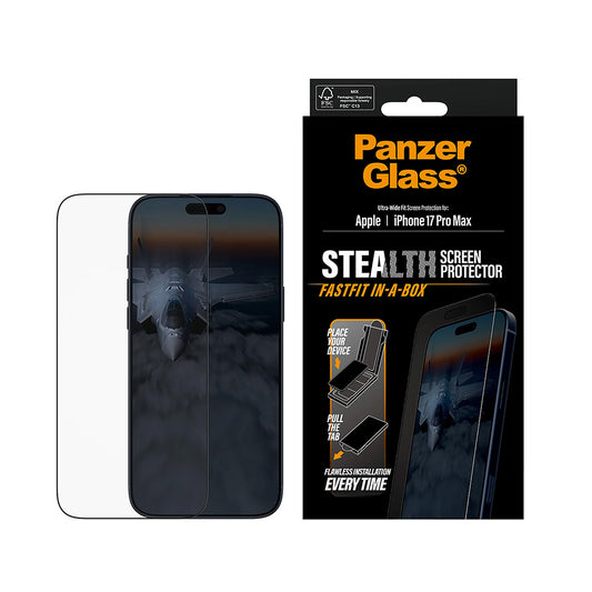 Προστατευτική μεμβράνη οθόνης PanzerGlass Ultra-Wide Fit Stealth Fastfit για Apple 17 Pro Max, Ασφαλισμένο γυαλί, Πλήρης κόλλα, Μαύρο