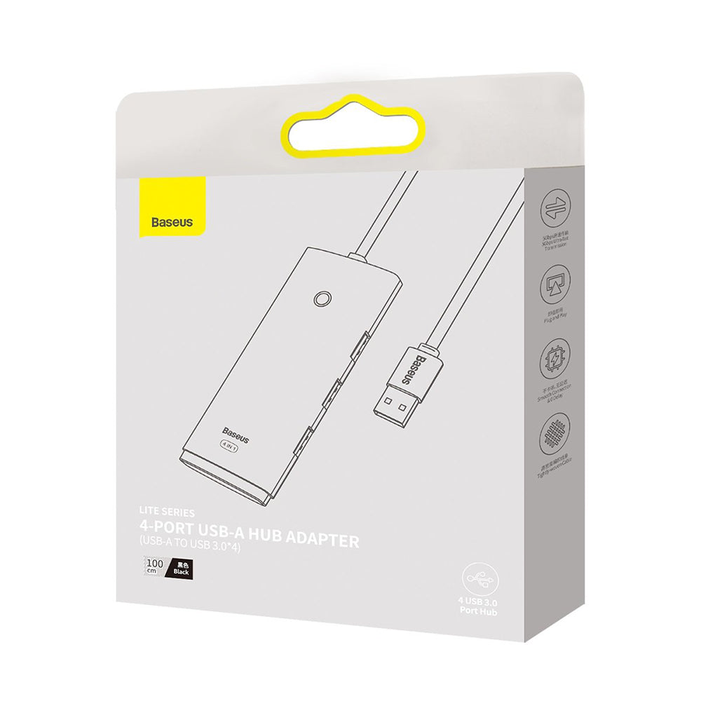 Baseus Lite USB Hub, 4 x USB-A 3.0 - 1 x USB-C, 1m, Black WKQX030101