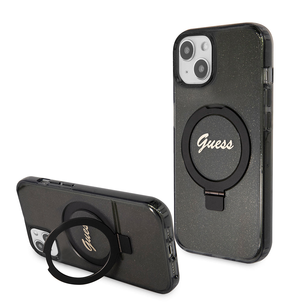 Θήκη MagSafe για Apple iPhone 15 Plus, Guess, Ring Stand Script Glitter, Μαύρη