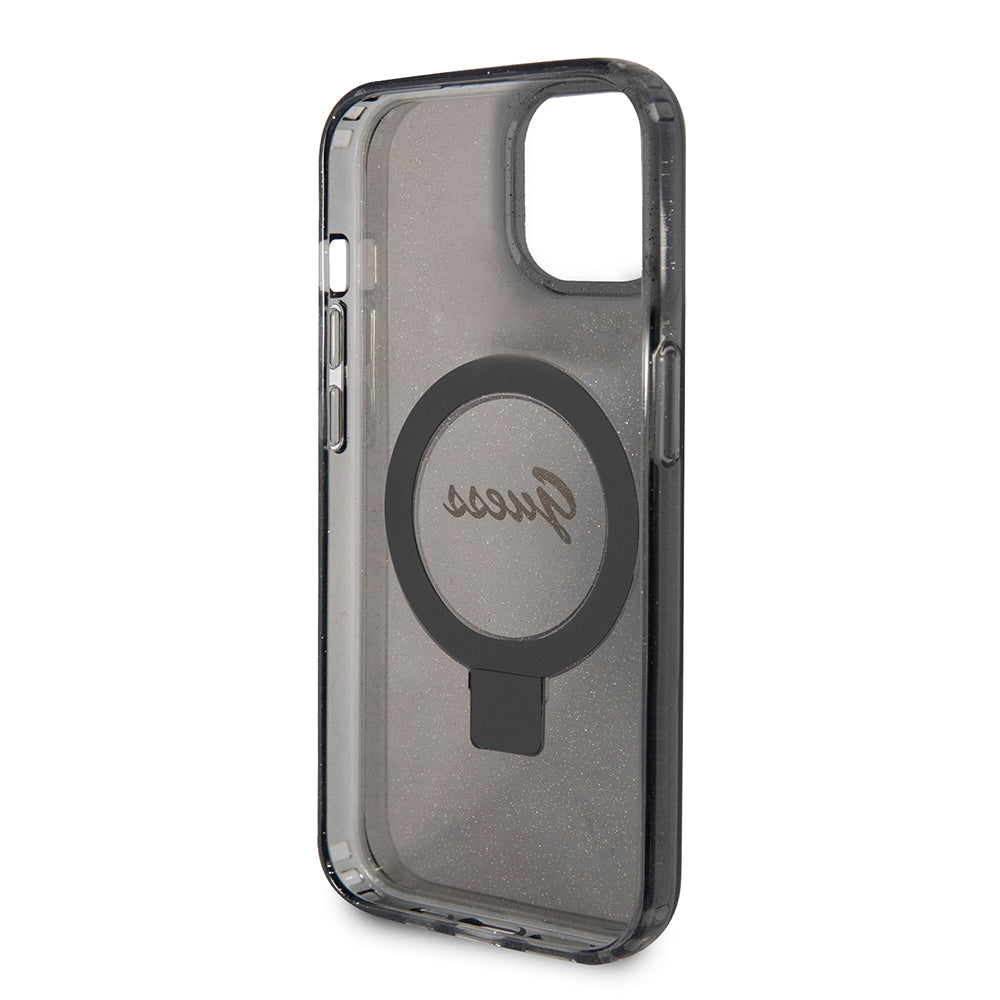Θήκη MagSafe για Apple iPhone 15 Plus, Guess, Ring Stand Script Glitter, Μαύρη