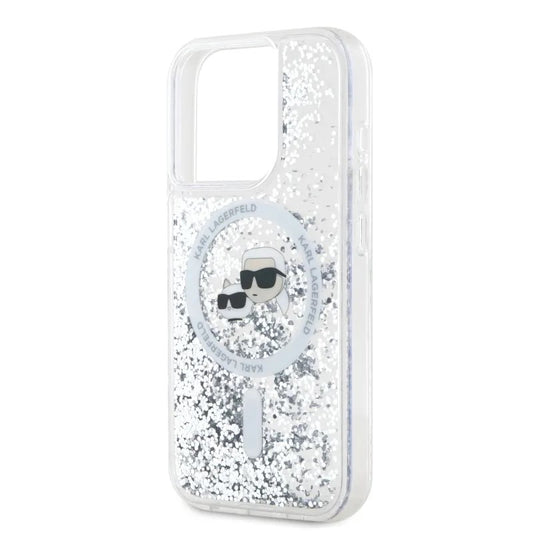 Θήκη MagSafe για Apple iPhone 15 Pro Max, Karl Lagerfeld, Liquid Glitter Karl & Choupette's Heads, Διάφανη