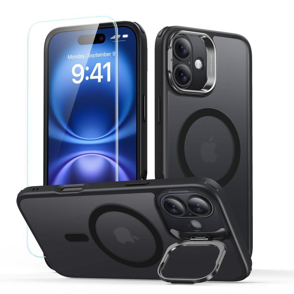 MagSafe Case for Apple iPhone 16, ESR, Classic Hybrid Kickstand with Screen Protector, Satin Black