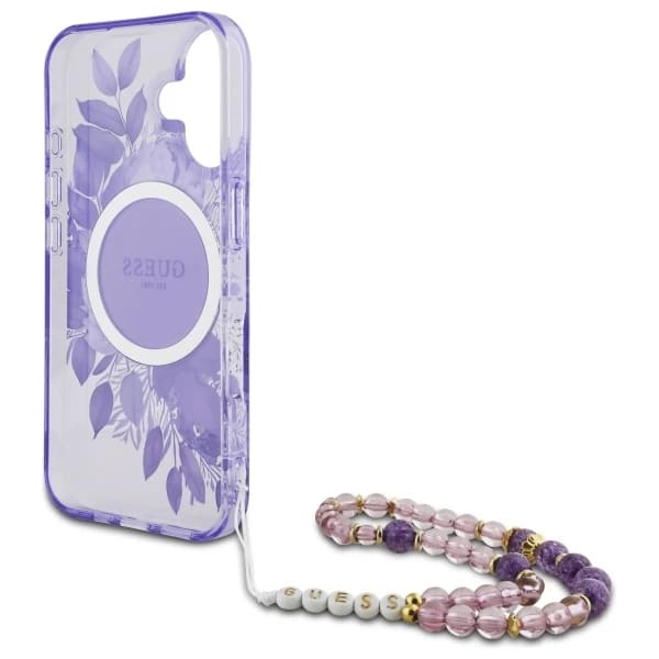 Θήκη MagSafe για Apple iPhone 16, Guess, IML Flowers with Pearl Strap, Μωβ