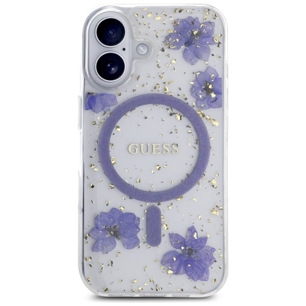 Θήκη MagSafe για Apple iPhone 16, Guess, Resin Flowers and Glitter, Μοβ