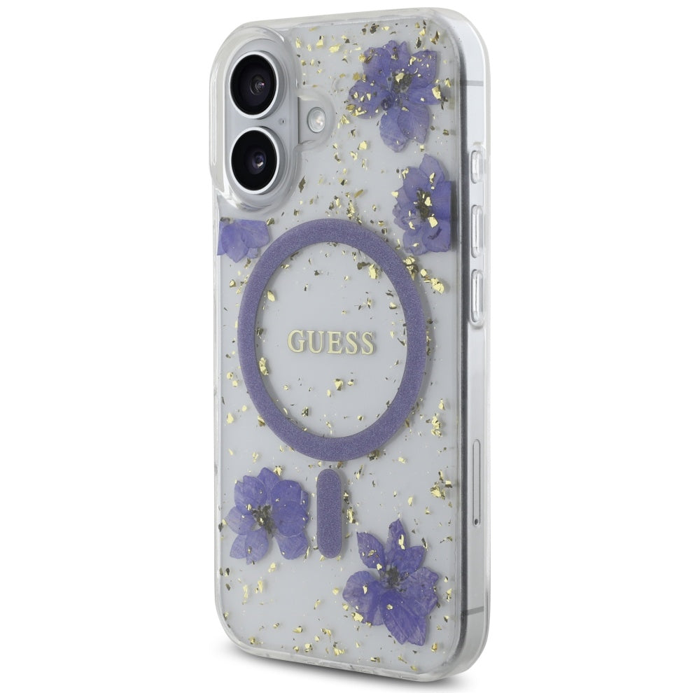 Θήκη MagSafe για Apple iPhone 16, Guess, Resin Flowers and Glitter, Μοβ