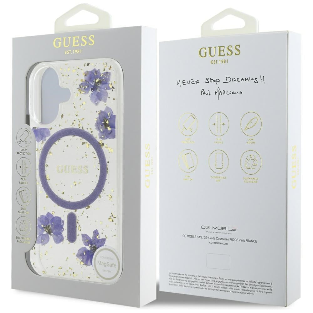 Θήκη MagSafe για Apple iPhone 16, Guess, Resin Flowers and Glitter, Μοβ