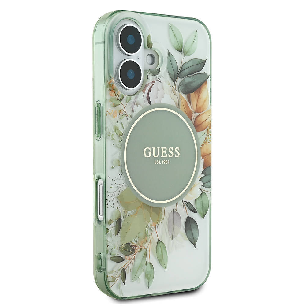 Θήκη MagSafe για Apple iPhone 16 Plus, Guess, IML Flowers with Pearl Strap, Πράσινο