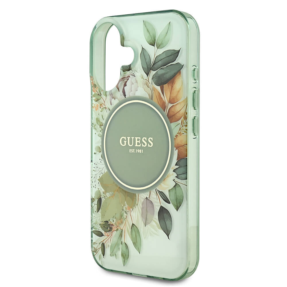 Θήκη MagSafe για Apple iPhone 16 Plus, Guess, IML Flowers with Pearl Strap, Πράσινο