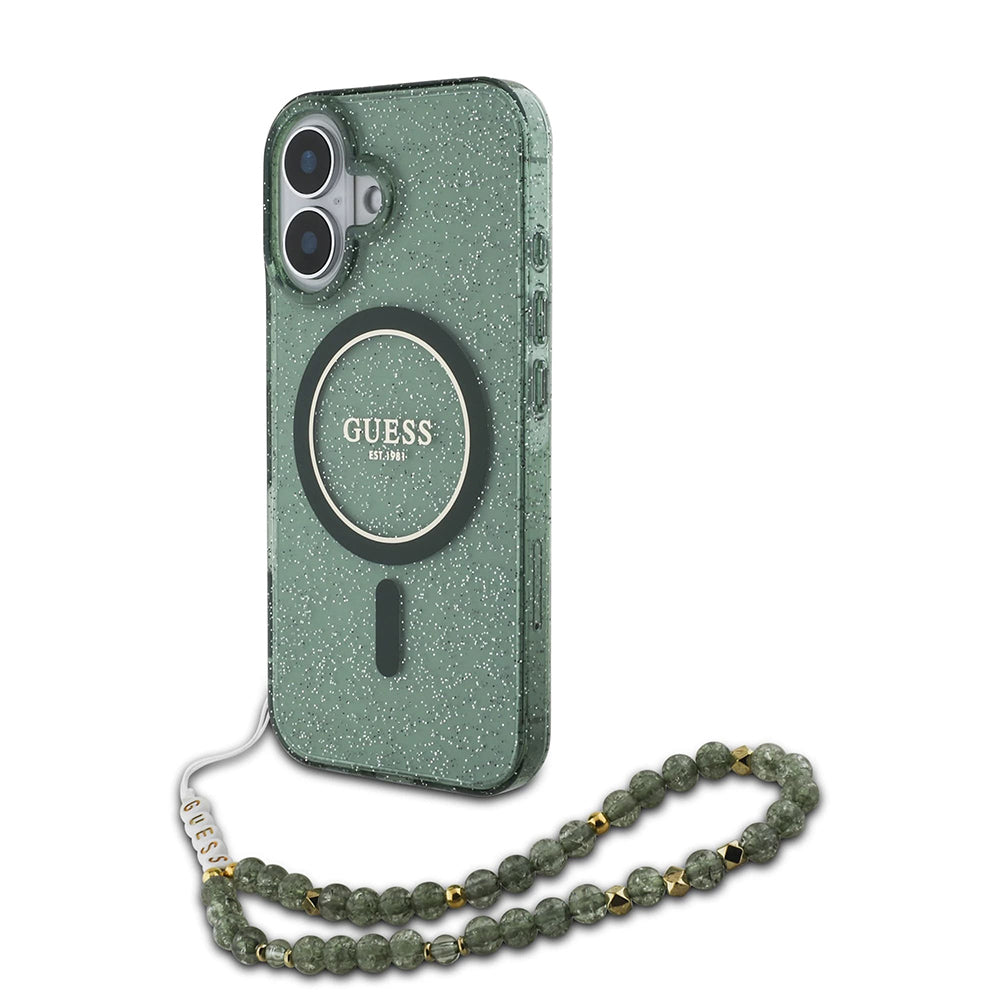 Θήκη MagSafe για Apple iPhone 16 Plus, Guess, IML Glitter με Λουράκι Μαργαριταριού, Πράσινη