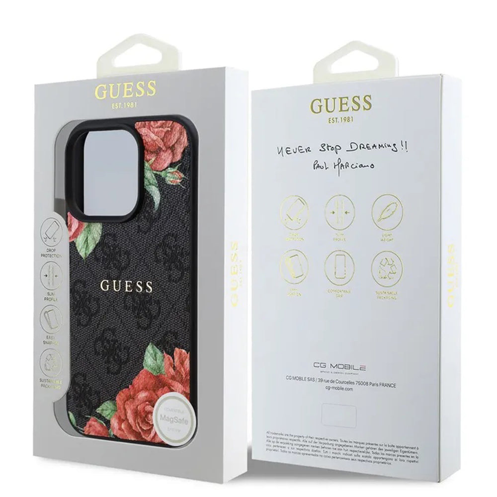 Θήκη MagSafe για Apple iPhone 16 Pro Max, Guess, 4G Flowers Print, Μαύρη