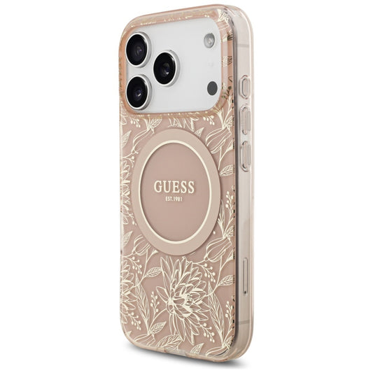 MagSafe Case for Apple iPhone 17 Pro, Guess, IML Flowers Allover Electroplated with Pearl Strap, Pink