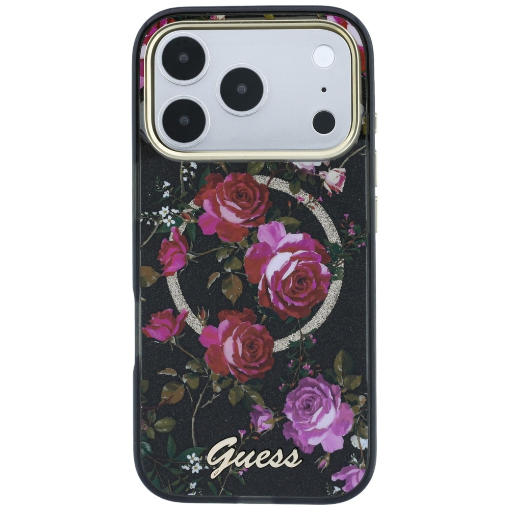 Θήκη MagSafe για Apple iPhone 18 Pro / 17 Pro, Guess, IML Glitter Blossom Roses, Μαύρο