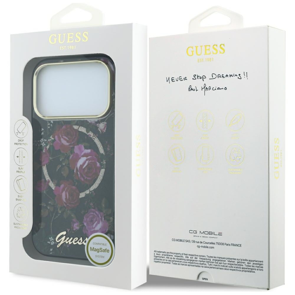 Θήκη MagSafe για Apple iPhone 18 Pro / 17 Pro, Guess, IML Glitter Blossom Roses, Μαύρο