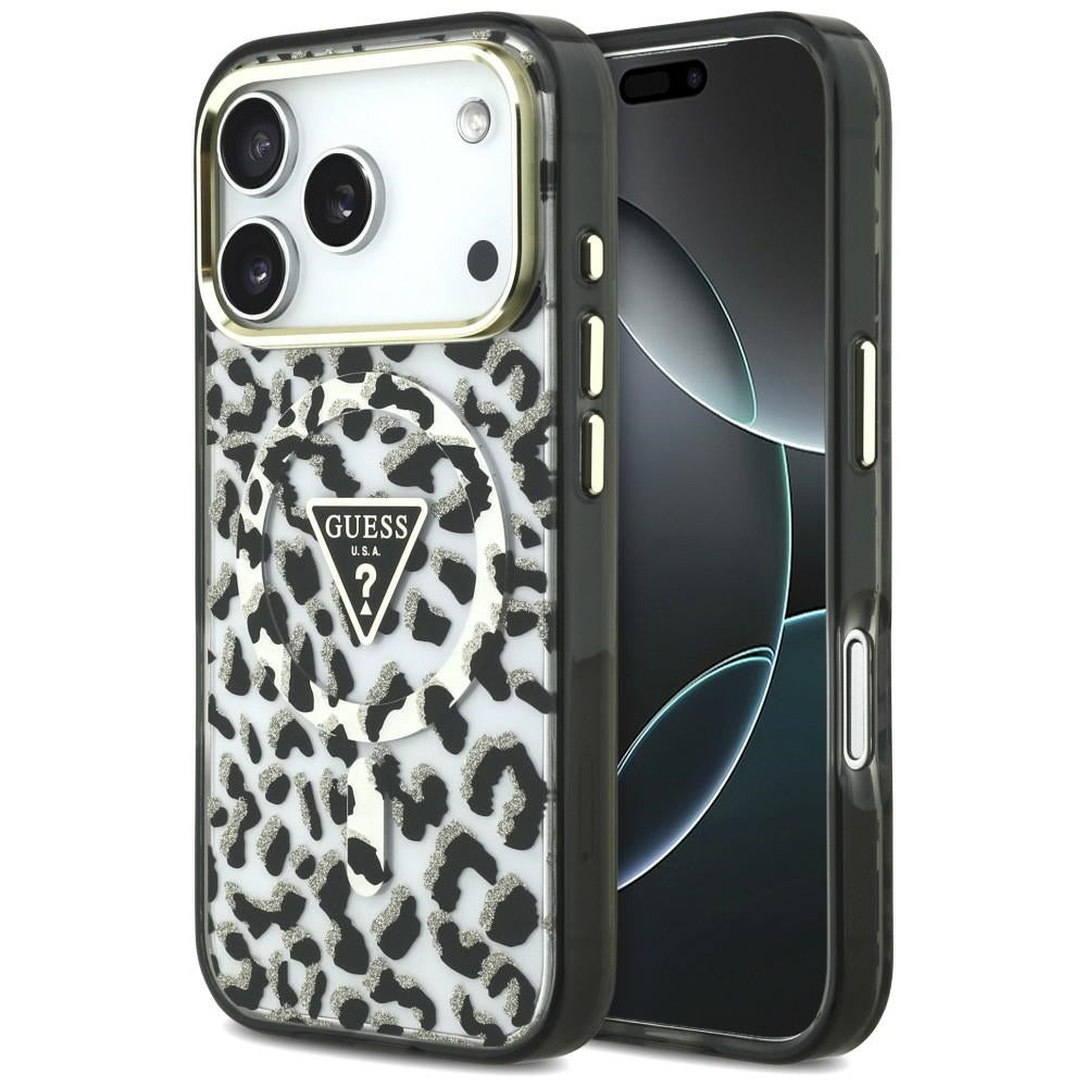 Θήκη MagSafe για Apple iPhone 18 Pro / 17 Pro, Guess, Leopard Glitter Triangle Logo, Μαύρη