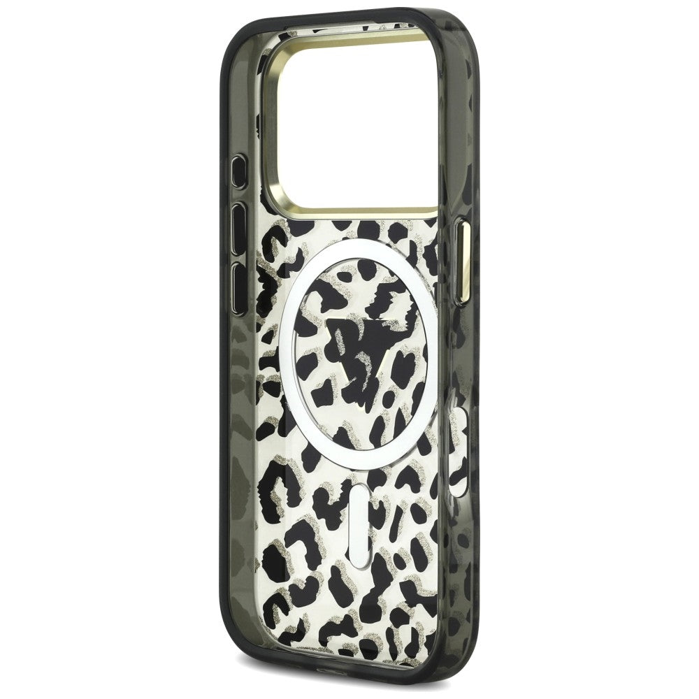 Θήκη MagSafe για Apple iPhone 18 Pro / 17 Pro, Guess, Leopard Glitter Triangle Logo, Μαύρη