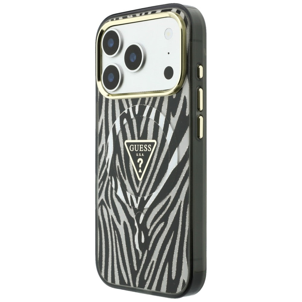 Θήκη MagSafe για Apple iPhone 18 Pro / 17 Pro, Guess, Zebra Glitter Triangle Logo, Ασημί