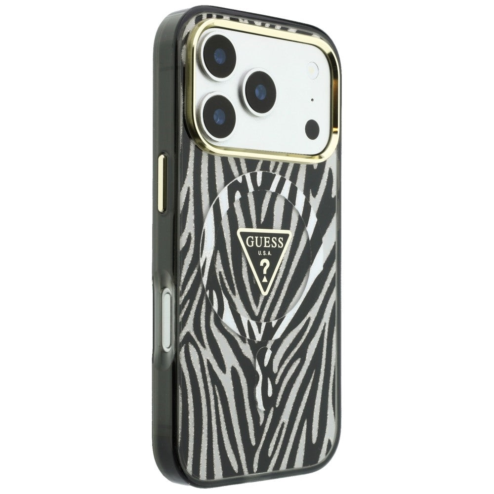 Θήκη MagSafe για Apple iPhone 18 Pro Max / 17 Pro Max, Guess, Zebra Glitter Triangle Logo, Ασημί