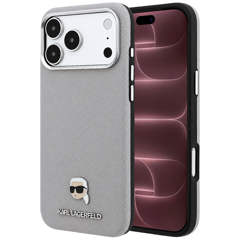 Θήκη MagSafe για Apple iPhone 18 Pro Max / 17 Pro Max, Karl Lagerfeld, Μεταλλικό Σχέδιο Karl Head's με Υφή, Γκρι