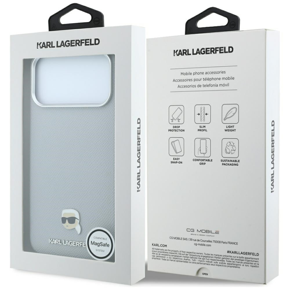 Θήκη MagSafe για Apple iPhone 18 Pro Max / 17 Pro Max, Karl Lagerfeld, Μεταλλικό Σχέδιο Karl Head's με Υφή, Γκρι