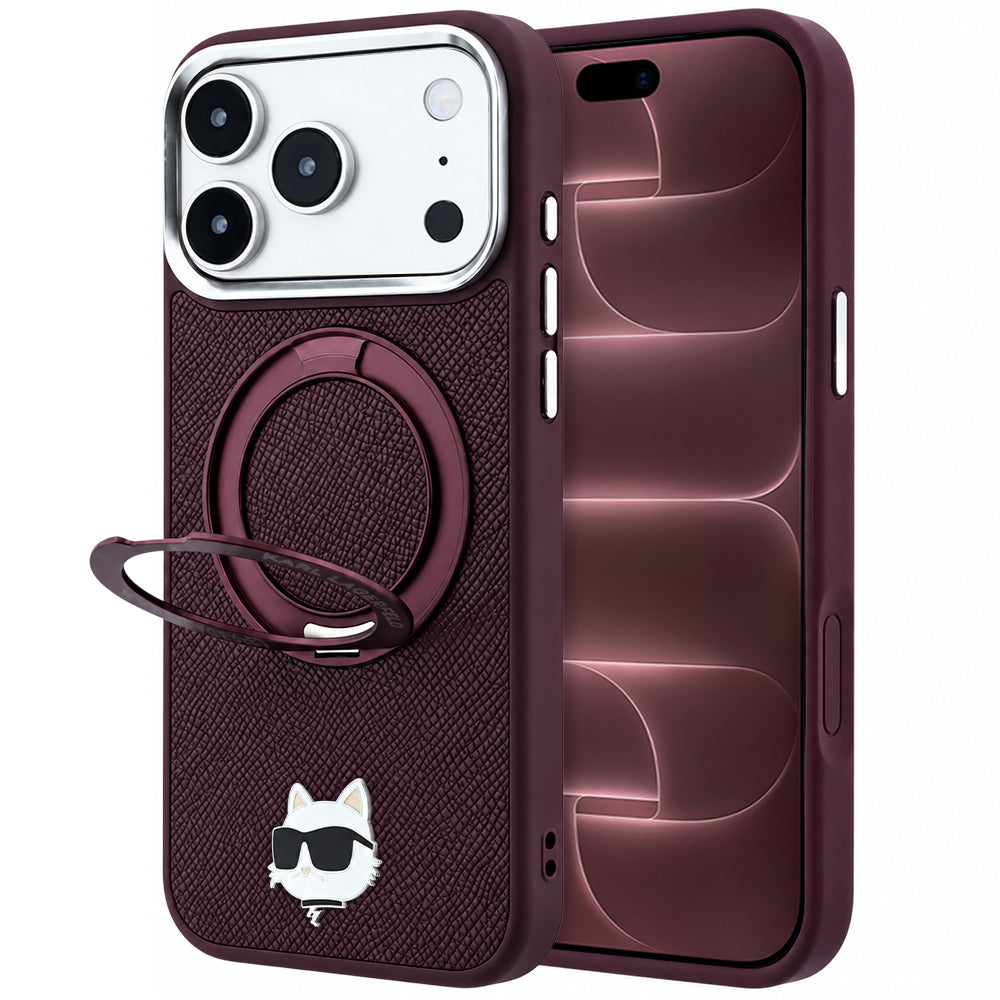 Θήκη MagSafe για Apple iPhone 18 Pro Max / 17 Pro Max, Karl Lagerfeld, Saffiano Ring Stand 360 Choupette Pin, Βυσσινί