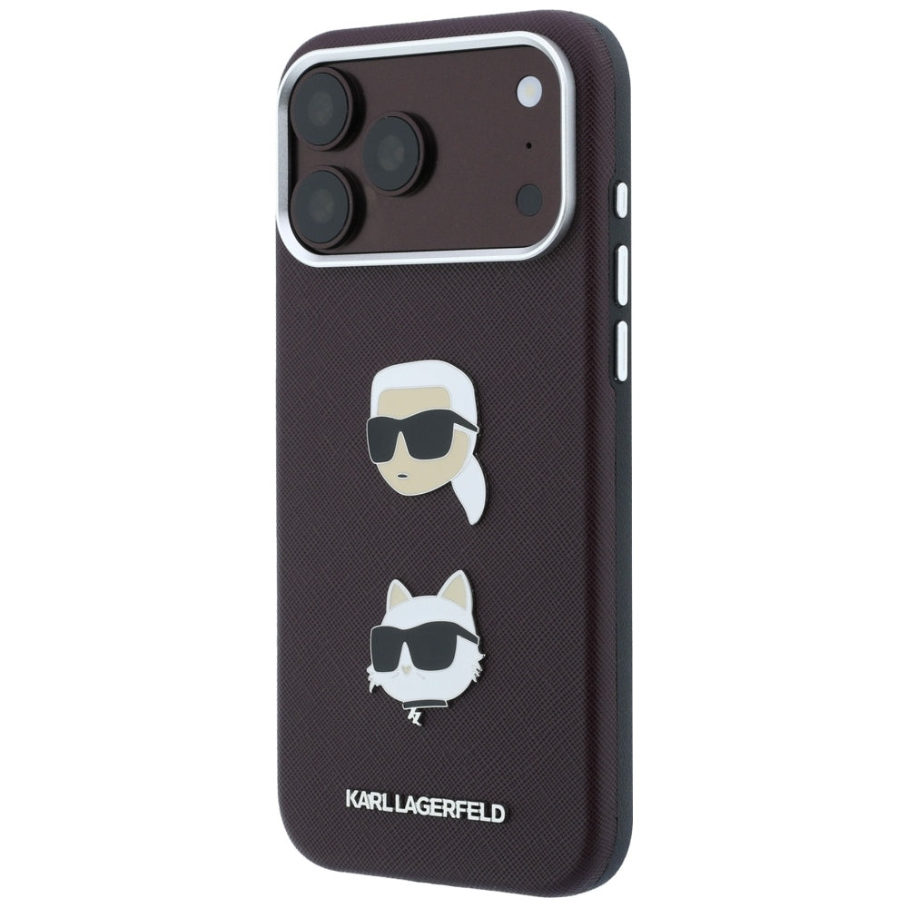 Θήκη για Apple iPhone 18 Pro / 17 Pro, Karl Lagerfeld, Saffiano με καρφίτσα κεφαλής Karl & Choupette και λογότυπο, Βυσσινί