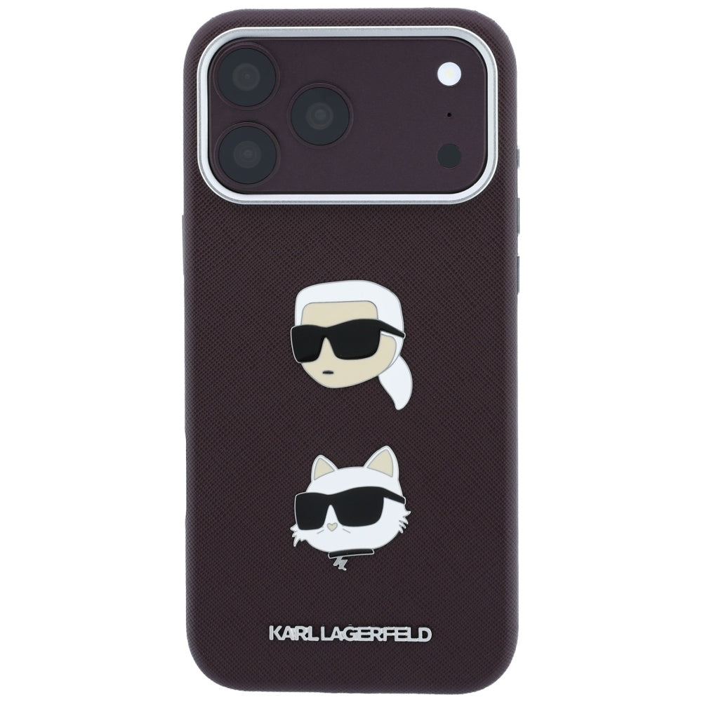 Θήκη για Apple iPhone 18 Pro / 17 Pro, Karl Lagerfeld, Saffiano με καρφίτσα κεφαλής Karl & Choupette και λογότυπο, Βυσσινί