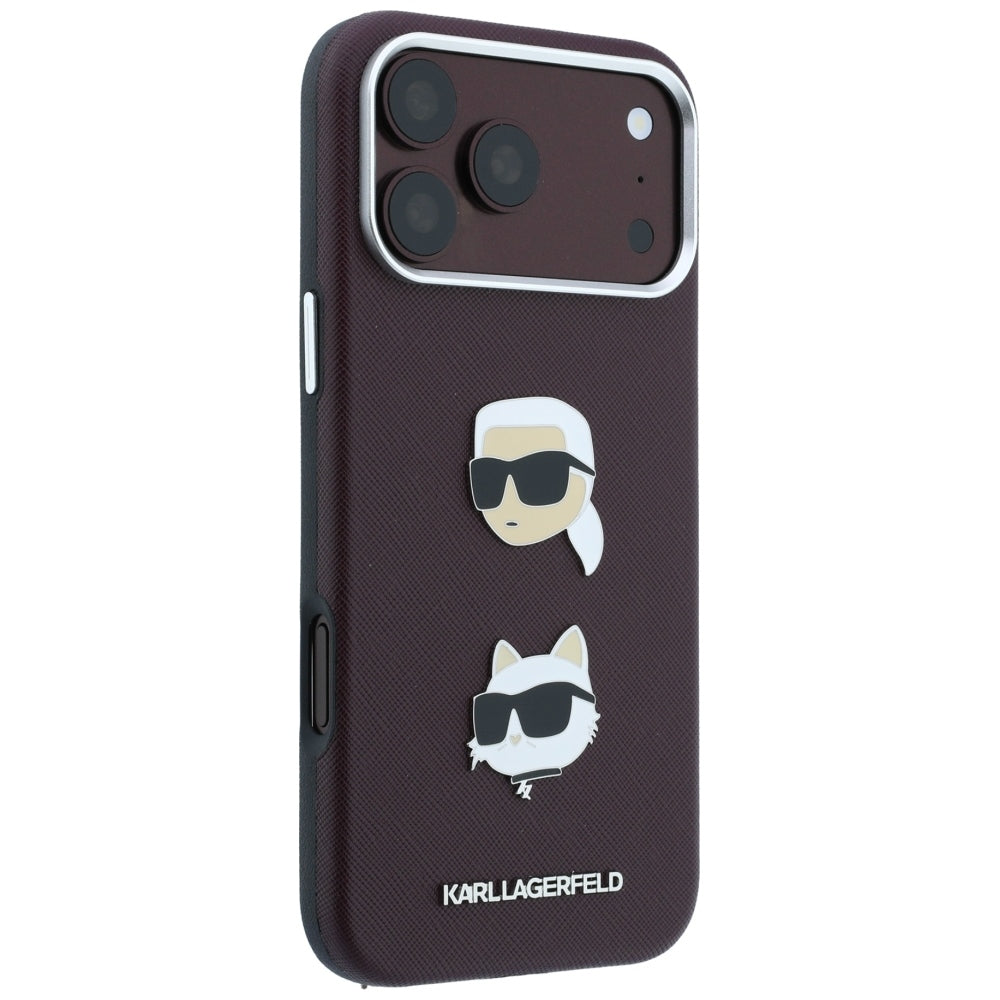 Θήκη για Apple iPhone 18 Pro / 17 Pro, Karl Lagerfeld, Saffiano με καρφίτσα κεφαλής Karl & Choupette και λογότυπο, Βυσσινί