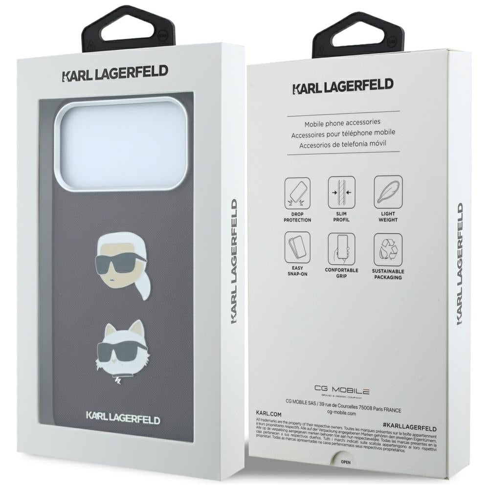 Θήκη για Apple iPhone 18 Pro / 17 Pro, Karl Lagerfeld, Saffiano με καρφίτσα κεφαλής Karl & Choupette και λογότυπο, Βυσσινί