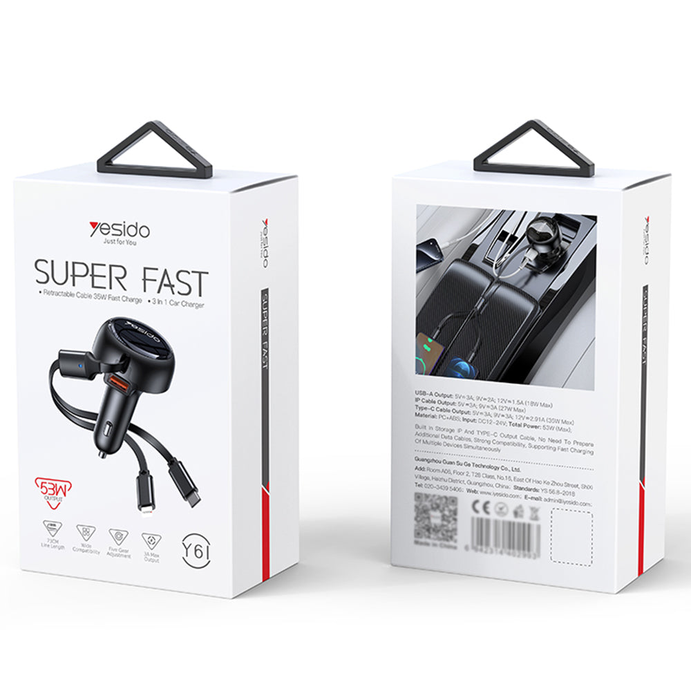 Φορτιστής Αυτοκινήτου με Καλώδιο USB-C / Lightning Yesido Y61, 53W, 3A, 1 x USB-A, Μαύρο