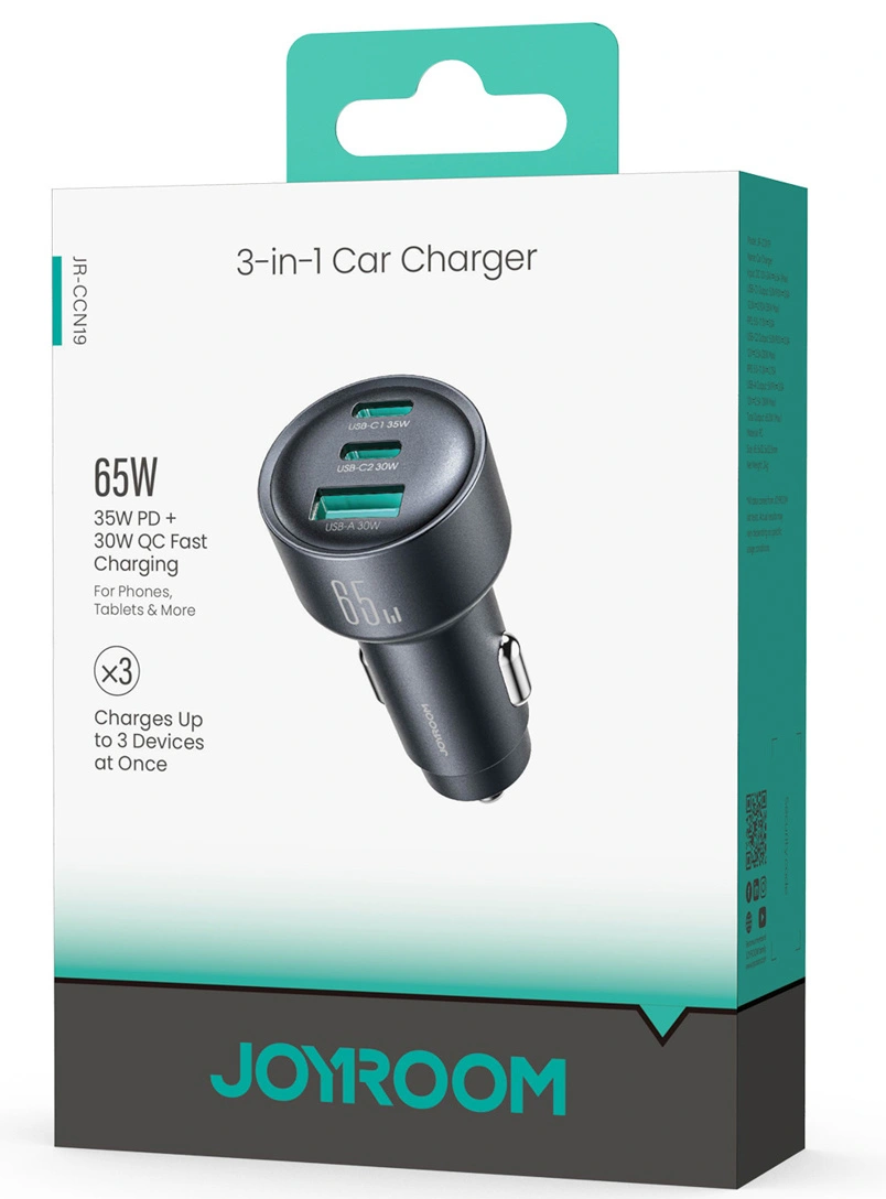 Φορτιστής Αυτοκινήτου Joyroom JR-CCN19, 65W, 1 x USB-A - 2 x USB-C, Γκρι
