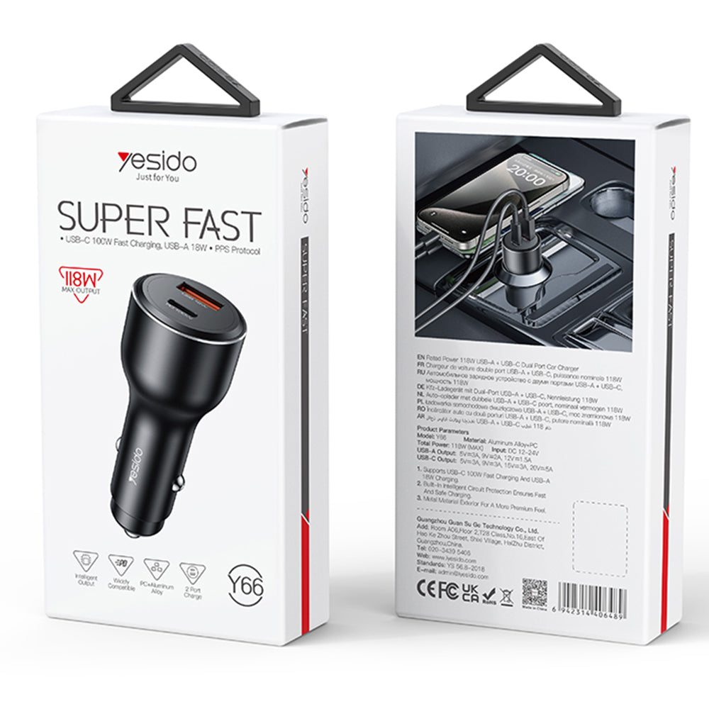 Φορτιστής Αυτοκινήτου Yesido Y65, 100W, 5A, 1 x USB-A - 1 x USB-C, Μαύρο